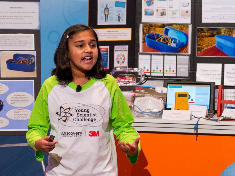 PHOTO: Seventh-grader Gitanjali Rao from Lone Tree, Colo. presents her winning invention at the the 2017 Discovery Education 3M Young Scientist Challenge finals in St. Paul, Minn.