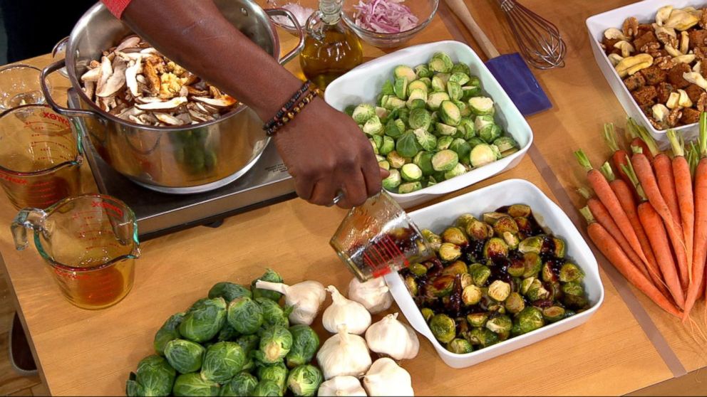PHOTO: Eddie Jackson's mushroom-glazed Brussels sprouts uses soy sauce and balsamic vinegar to add delicious flavor.
