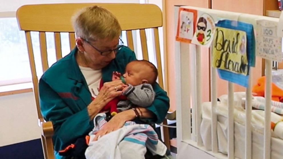 PHOTO: The "Grandma Cuddler" at the NICU at Morgan Stanley Children's Hospital cuddles babies when their parents can't.