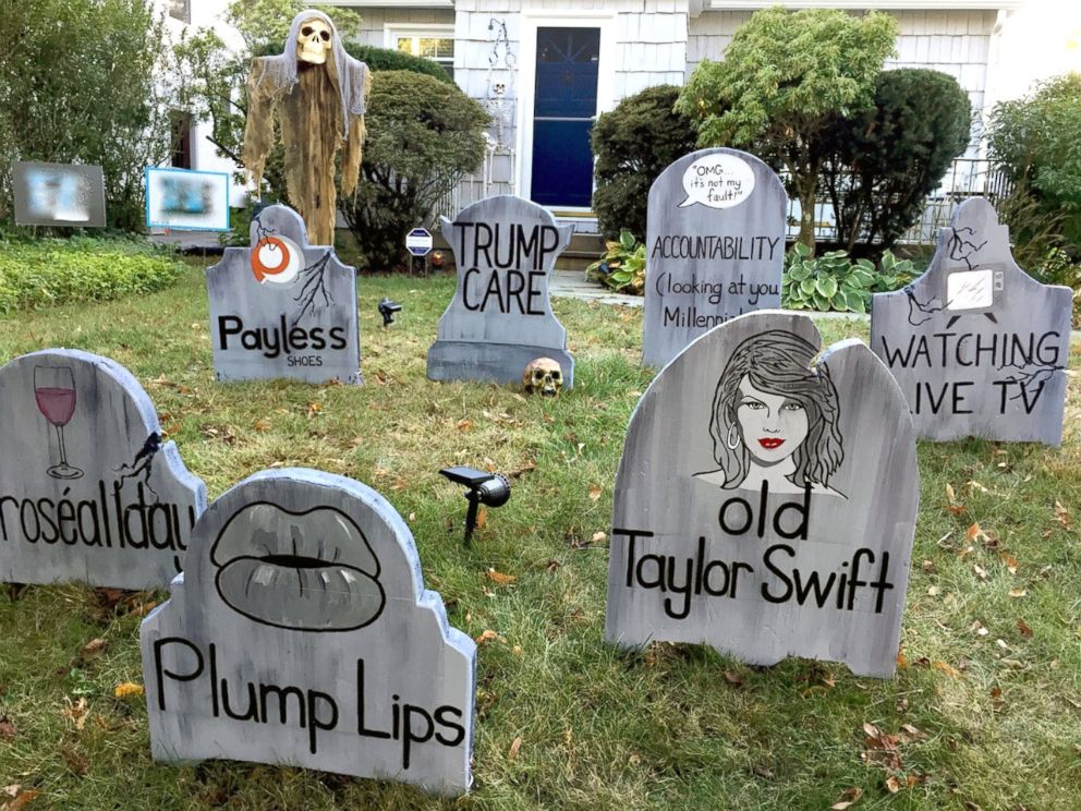 PHOTO: Michael Fry's gravestones say "so long" to "old" Taylor Swift and plump lips.