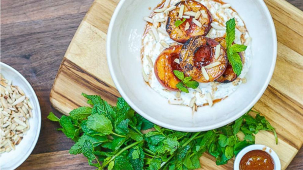 PHOTO: Dan Churchill's grilled peaches with pepper honey and mint yogurt.