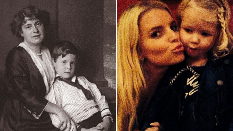 Austrian Actress Rosa Albach Retty, left, with her son Wolf is seen in this undated photo taken circa 1914, and Jessica Simpson, right, is seen in this undated photo that was posted in Instagram in February, 2014. 