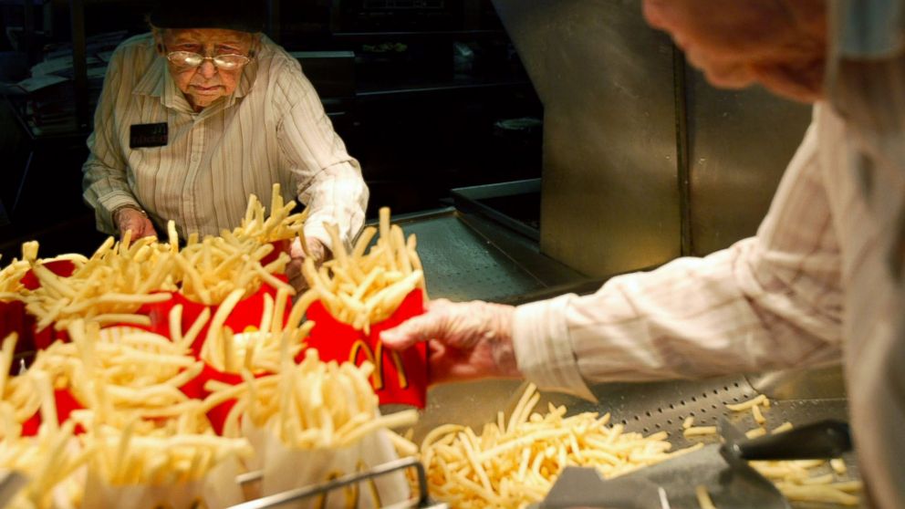 PHOTO: Dorothy Evans, 92, fills orders for french fries at the McDonalds in Dinuba, California, May 9, 2007. Dorothy says she has been working at McDonalds for 14 years. "I was tired of sitting home," said Dorothy. 