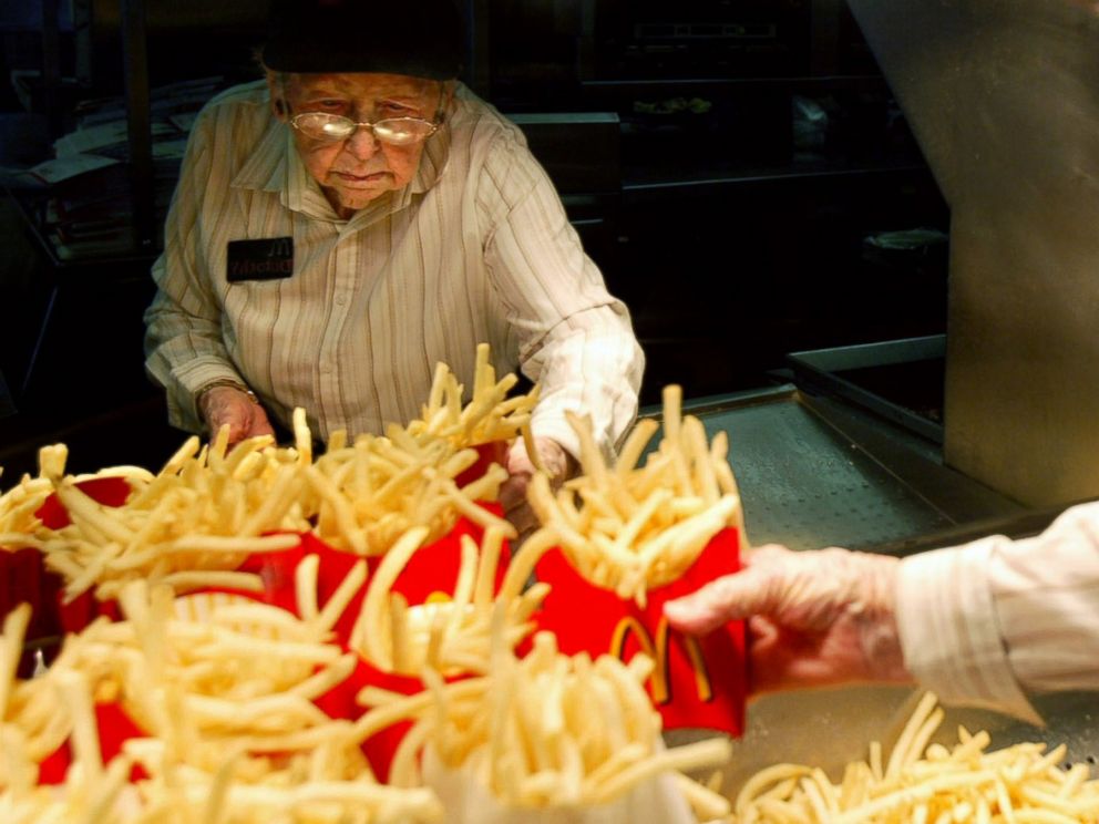 PHOTO: Dorothy Evans, 92, fills orders for french fries at the McDonalds in Dinuba, California, May 9, 2007. Dorothy says she has been working at McDonalds for 14 years. "I was tired of sitting home," said Dorothy. 