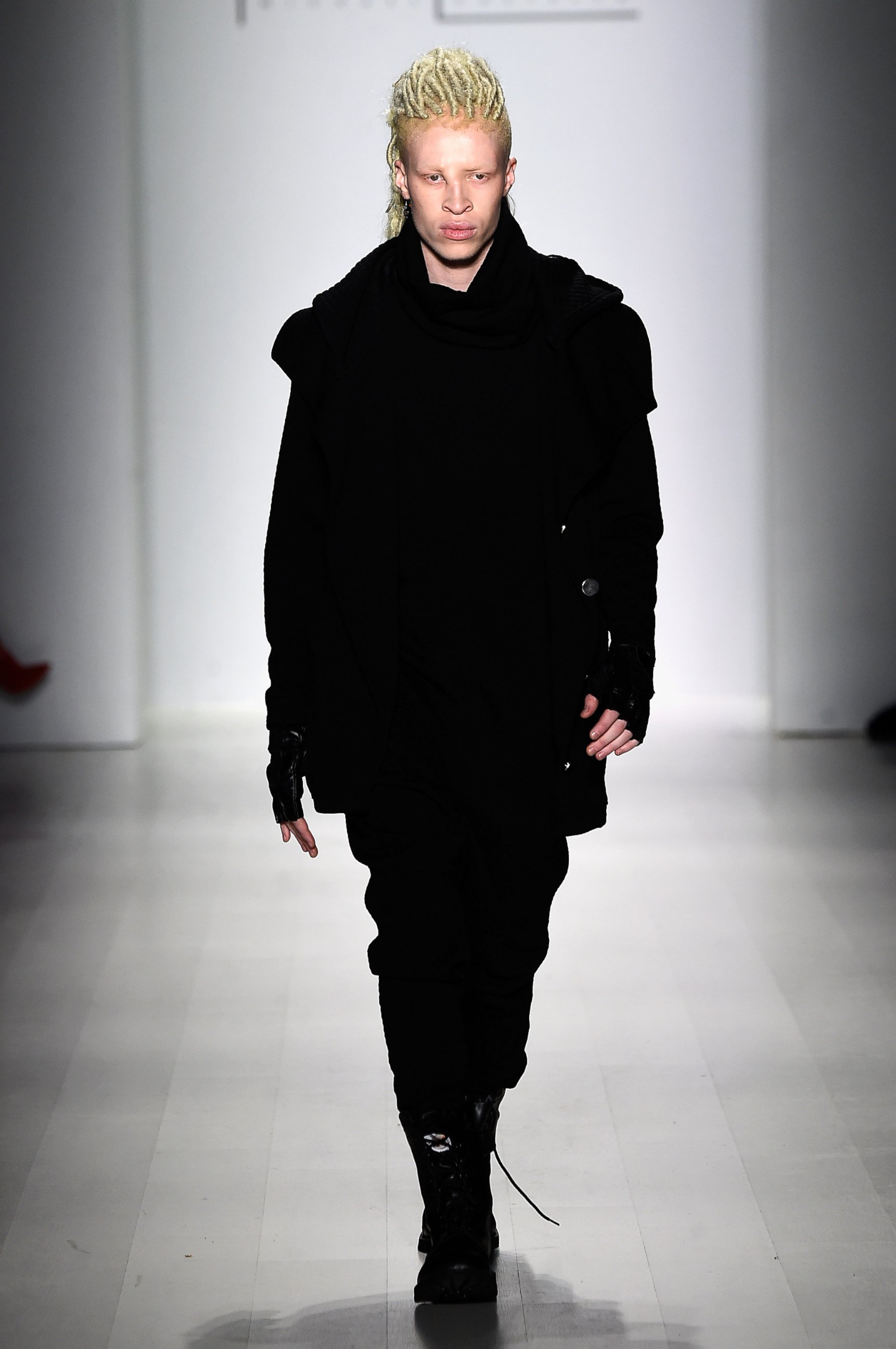 PHOTO:   Model Shaun Ross walks the runway at the Michael Costello fashion show during Mercedes-Benz Fashion Week Fall 2015Salon at Lincoln Center in New York, Feb. 17, 2015.