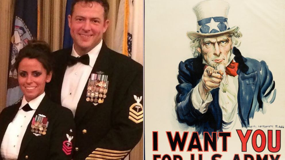 Trey Hauptmann, right, a descendant of Uncle Sam, carries on his ancestor's legacy of service. Right, a World War I recruitment poster with Uncle Sam pointing at the viewer, 1917. 