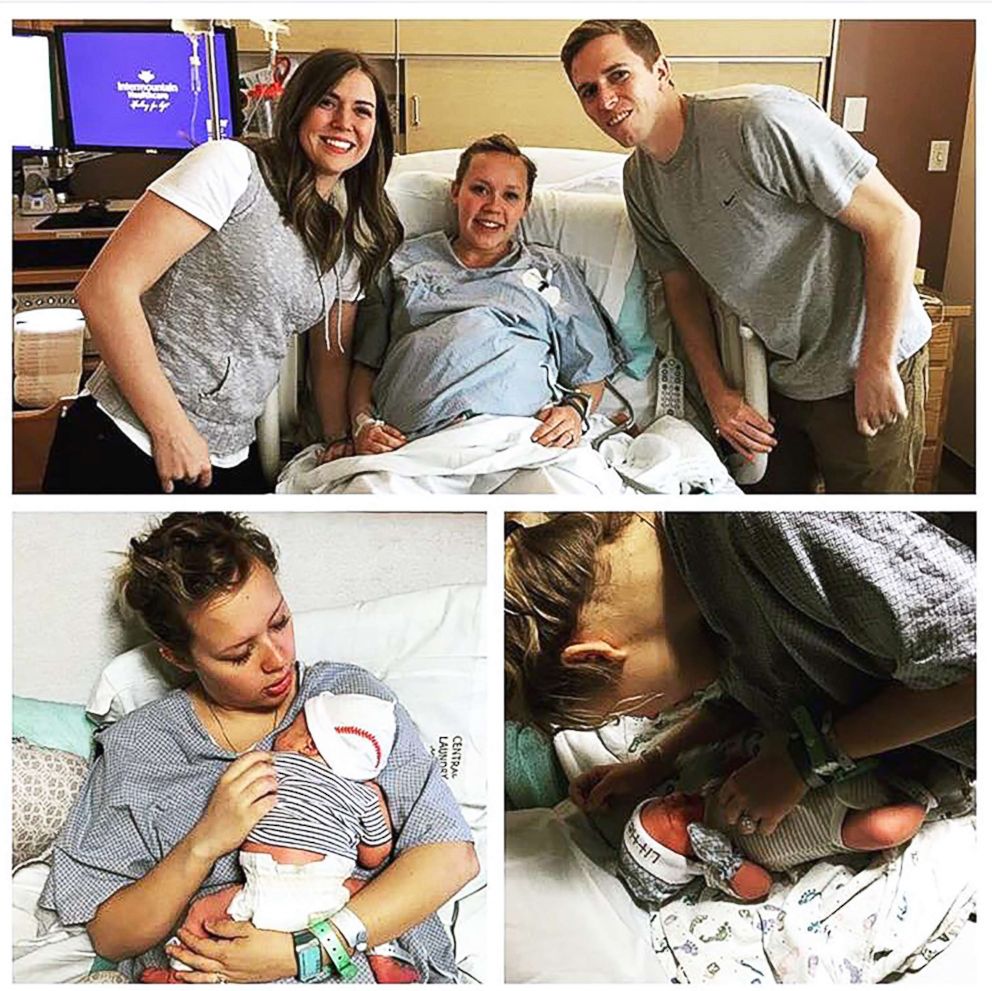 Hannah Mongie, photographed center with Brad and Emily Marsh, gave birth to Taggart Kaden Marsh in March 2016.