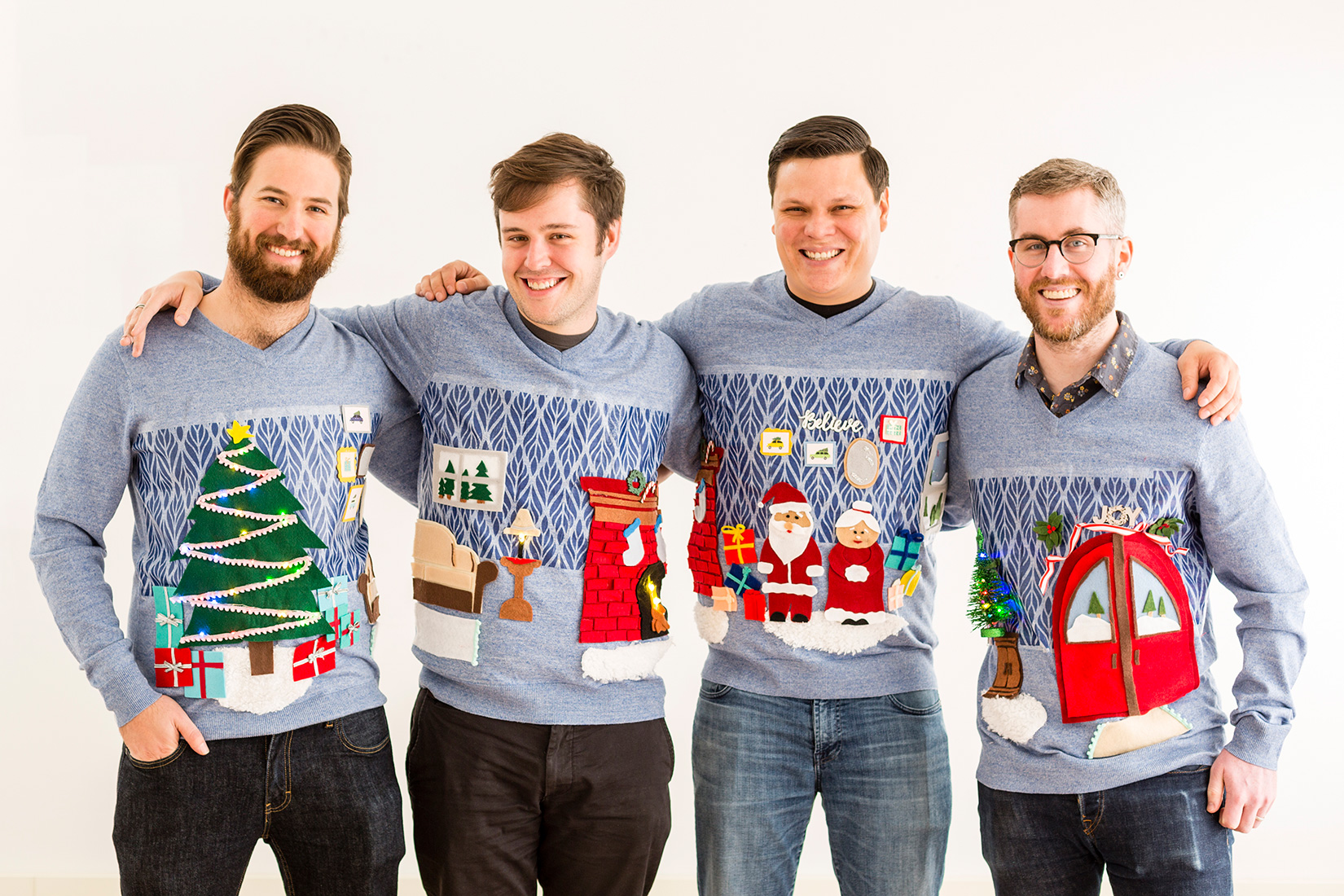 PHOTO: This ugly sweater look is actually a group activity. Grab your besties and make four sweaters that blend into each other. 