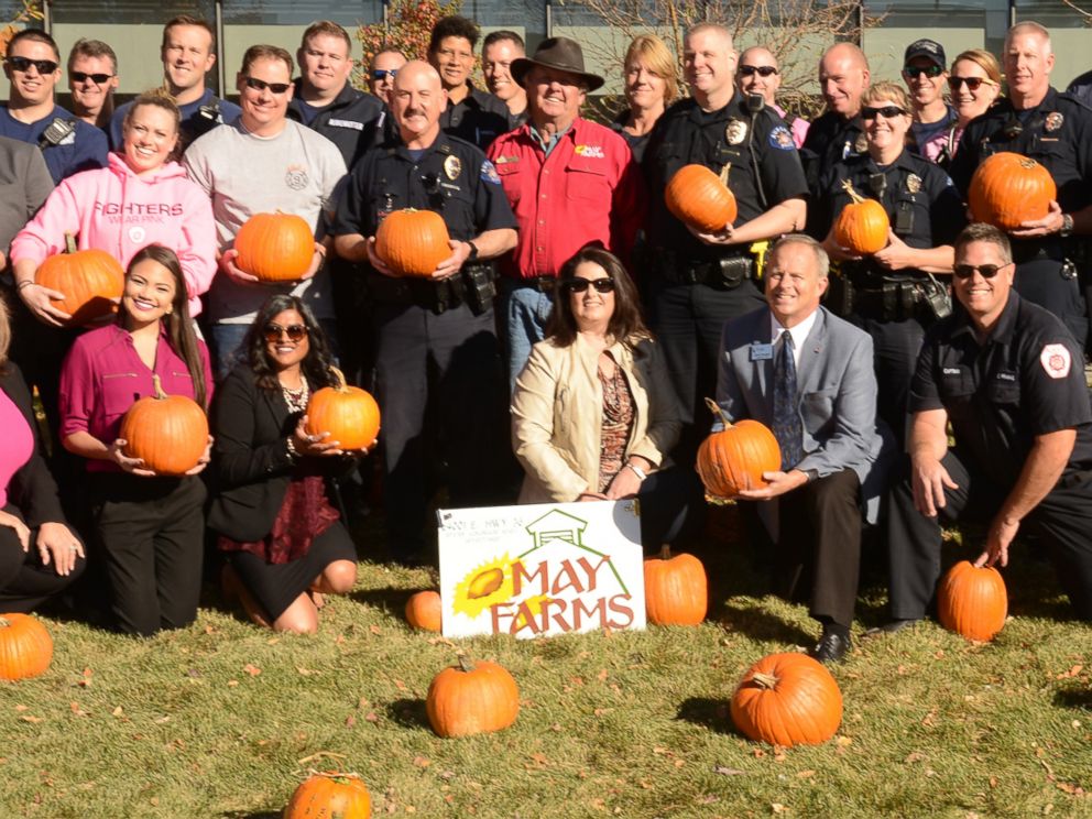 PHOTO: A local farm donated 200 pumpkins to Children's Hospital Colorado, where police and firefighters helped the kids choose their pumpkins from the hospital's front lawn on Oct. 25, 2017.