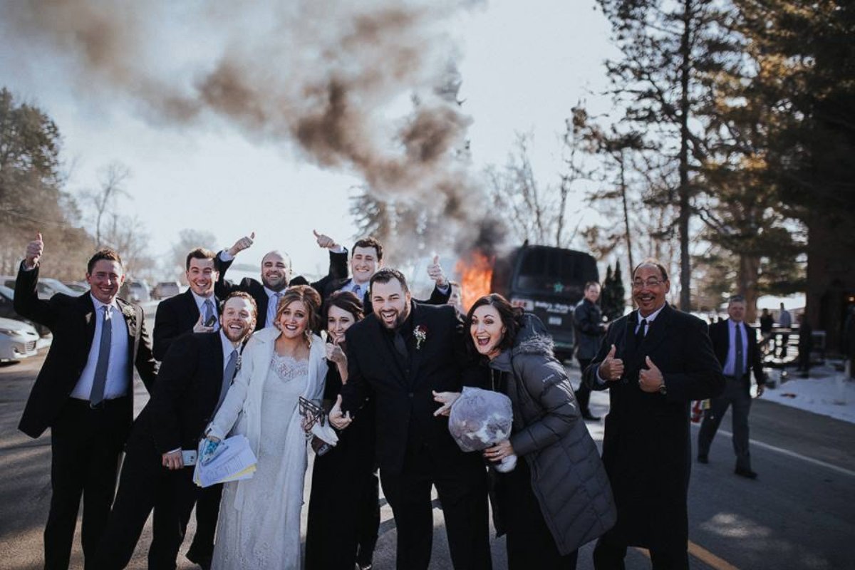 PHOTO: Not even their wedding party bus catching fire was going to keep Krissi and Shane McCollow from having a great ceremony in Nashua, Iowa.