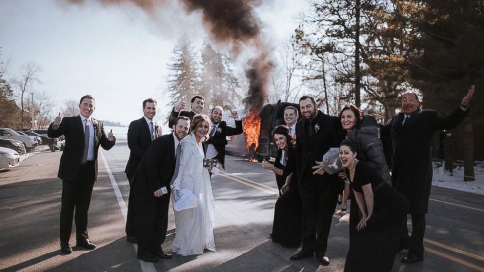 PHOTO: Not even their wedding party bus catching fire was going to keep Krissi and Shane McCollow from having a great ceremony in Nashua, Iowa.