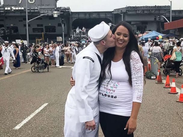 Navy wife hides pregnancy from deployed husband, reveals surprise at his homecoming - ABC News