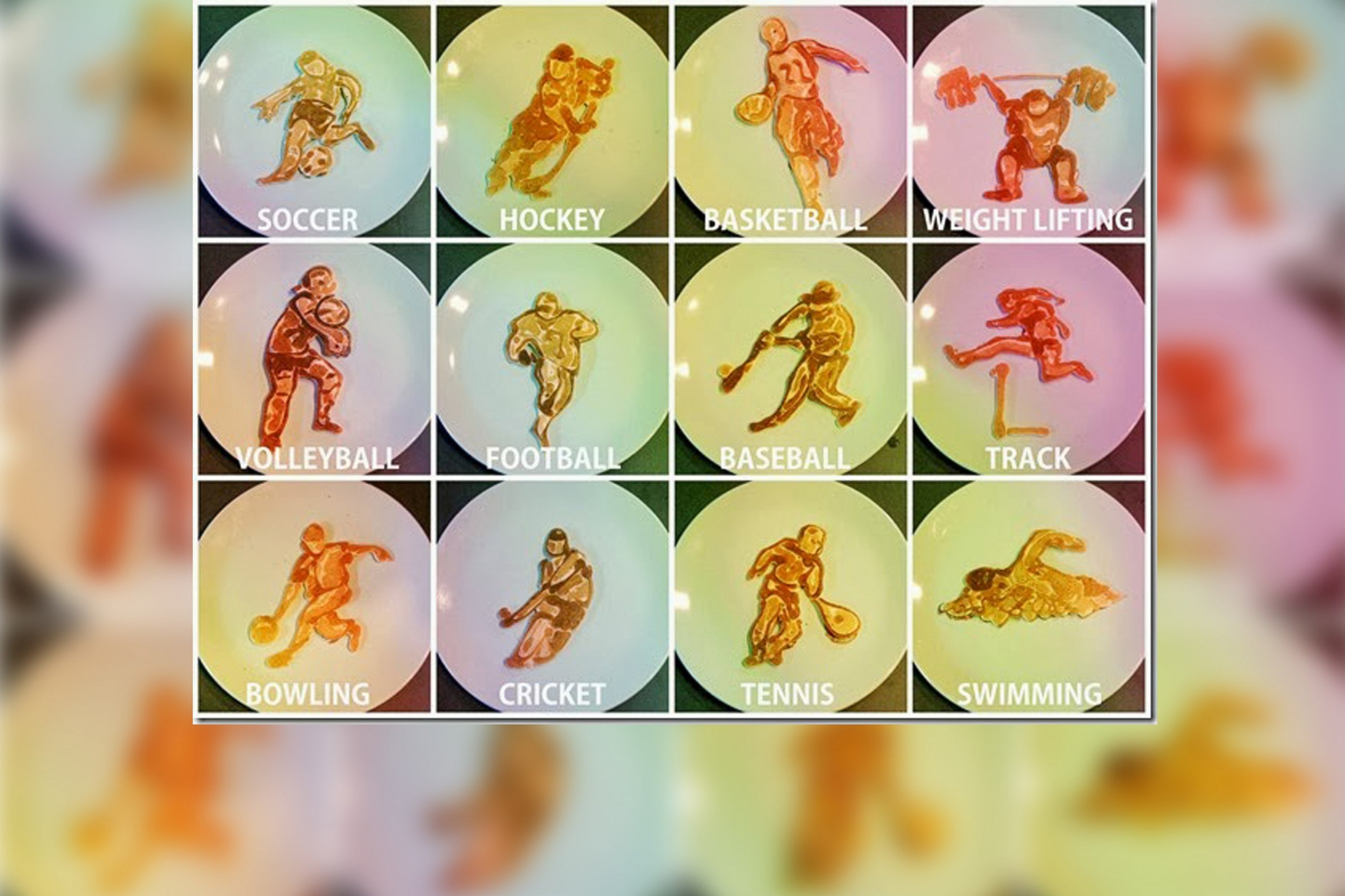 PHOTO: Various types of sports are portrayed in pancake art made by illustrator Nathan Shields for his children.