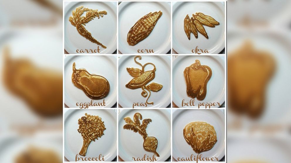 PHOTO: Vegetables are portrayed in pancake art made by illustrator Nathan Shields for his children.