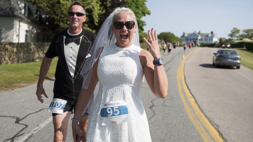 PHOTO: Rhode Island resident Linda Bachand donned a wedding gown-like running outfit for a 10-mile race on her wedding day.