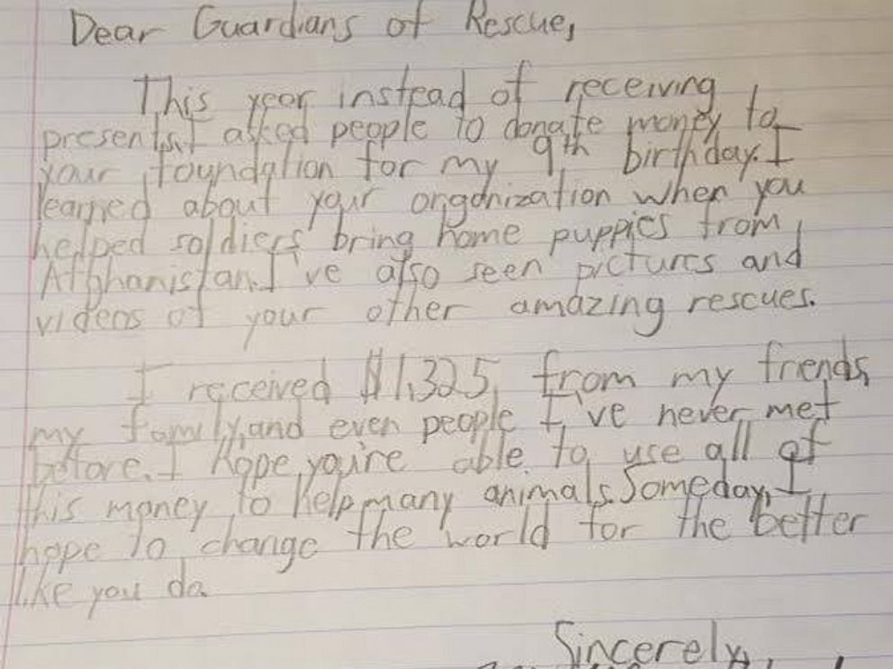 PHOTO: Matthew Hartmann wrote a letter to the Guardians of Rescue animal rescue group last week, informing them that he raised money to help save animals.