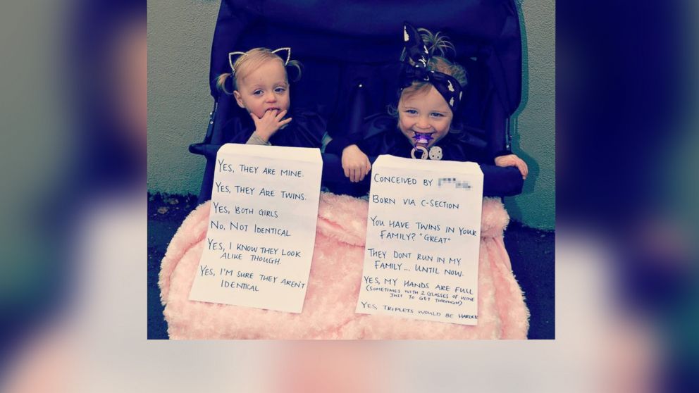 Annie Nolan of Melbourne, Australia posted this picture of her twin daughters with signs answering frequently asked questions to her Instagram feed on July 9, 2015.