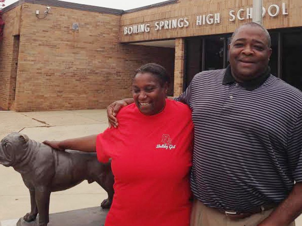 PHOTO: Brenda Hurst and Chuck Gordon stand in front of their school Boiling Springs High School in Boiling Springs, S.C.