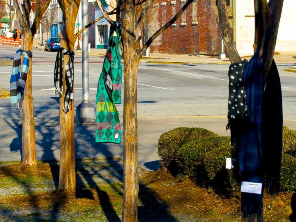 PHOTO: Chase the Chill of Central GA tied 144 scarves to trees for the taking.