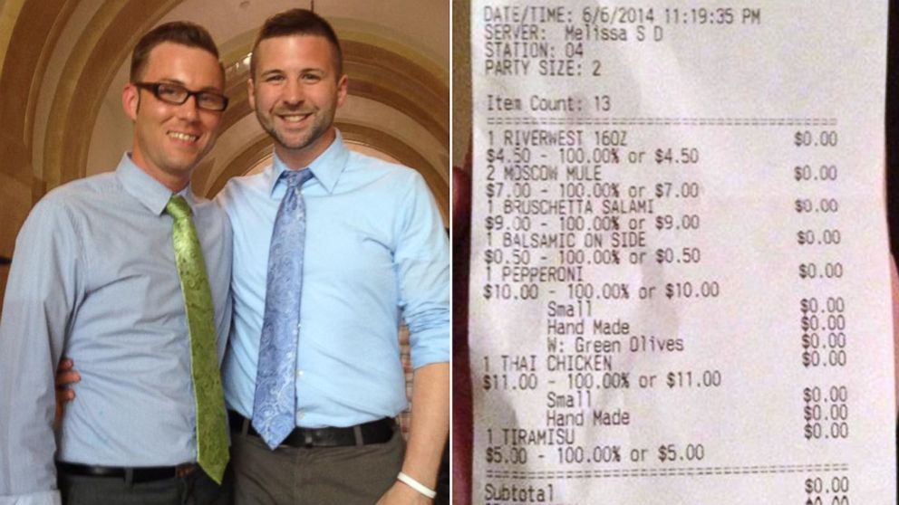 A Wisconsin restaurant gifted a recently married same-sex couple their celebratory meal.