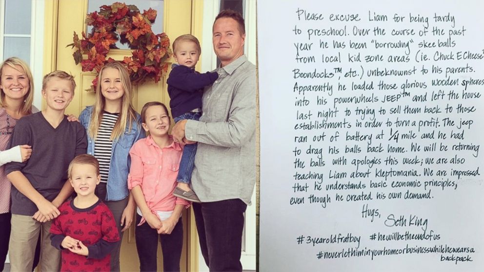 Utah dad Seth King's funny late excuse notes for his five children have become a hit online.