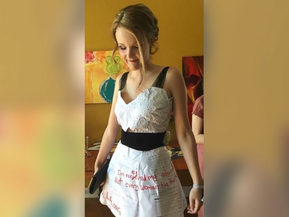 PHOTO: British Columbia student Erinne Paisley made her high school graduation dress out of homework papers to raise awareness.