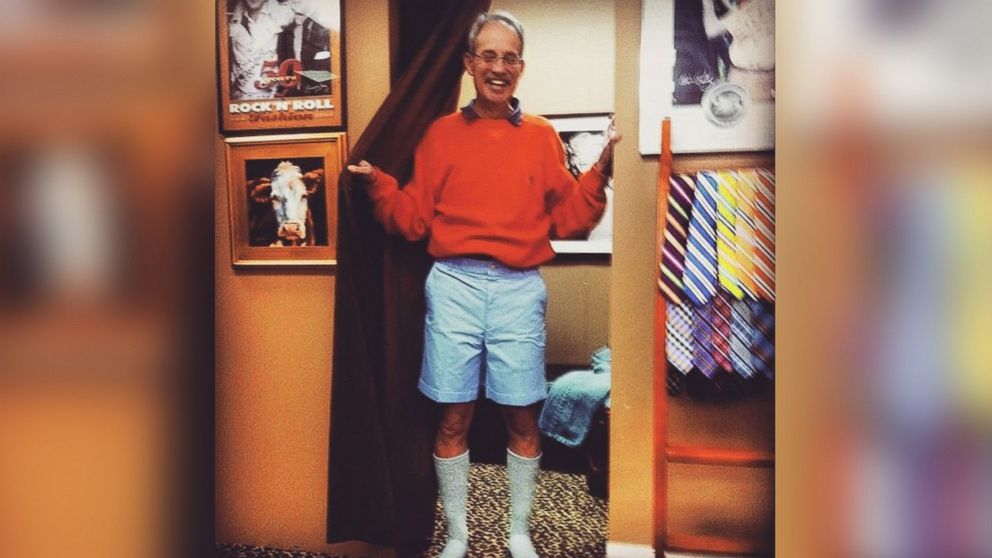 PHOTO: An undated photo from the @fashiondads_ account on Instagram shows a man in an orange sweater and blue khaki shorts.