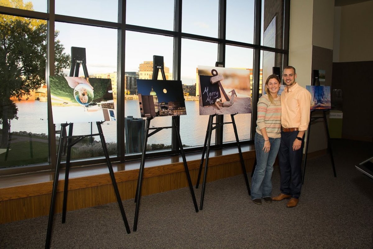 PHOTO: Kyle Lawson proposed at a mock art exhibit to his girlfriend, Stef Bunday, on Oct. 16, 2015.