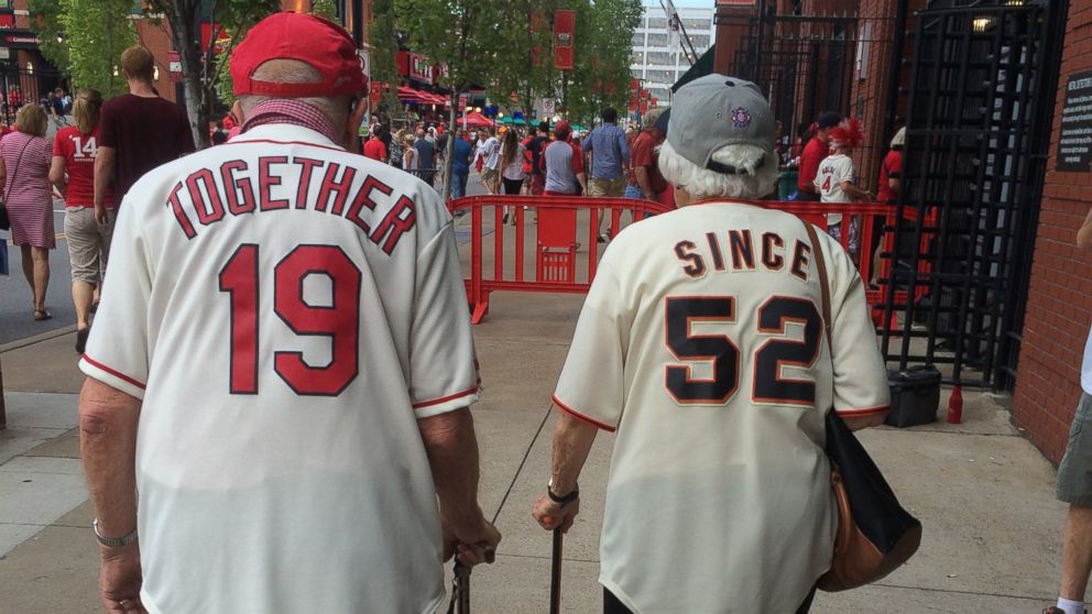St. Louis Cardinals' fan Pete Hubert photographed an elderly couple entering Tuesday night's game in priceless jerseys.