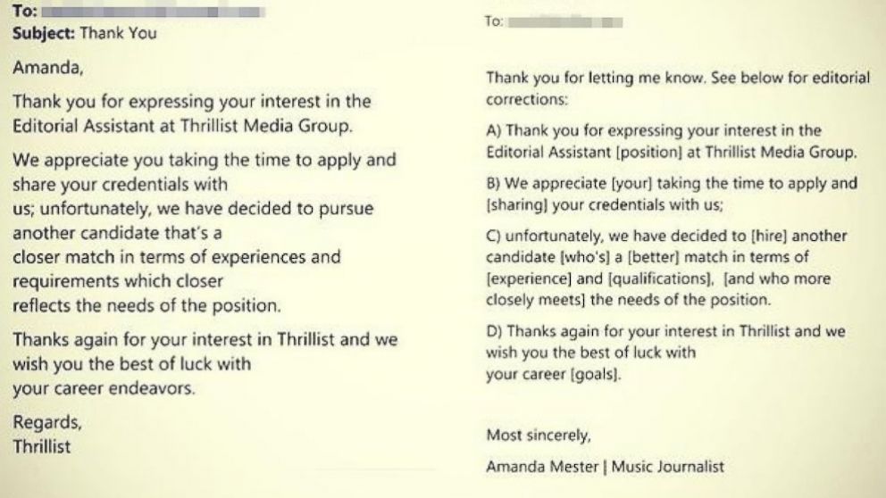 Amanda Mester responded to a job rejection from Thrillist Media Group.