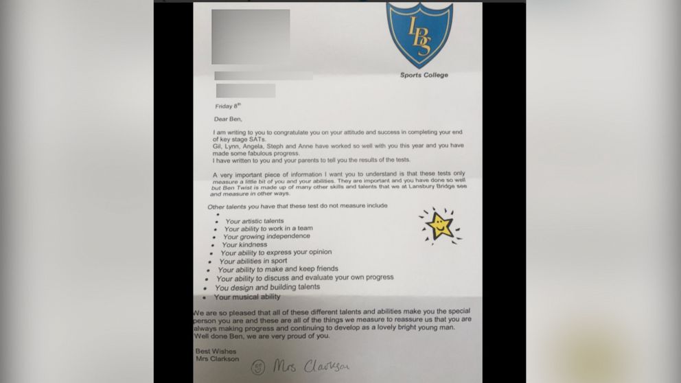 PHOTO: Ben Twist, 11, of St. Helens, United Kingdom, received a heartwarming letter on July 8 from his teacher Ruth Clarkson, which his mother Gail Twist shared on Twitter, July 9, 2016. 