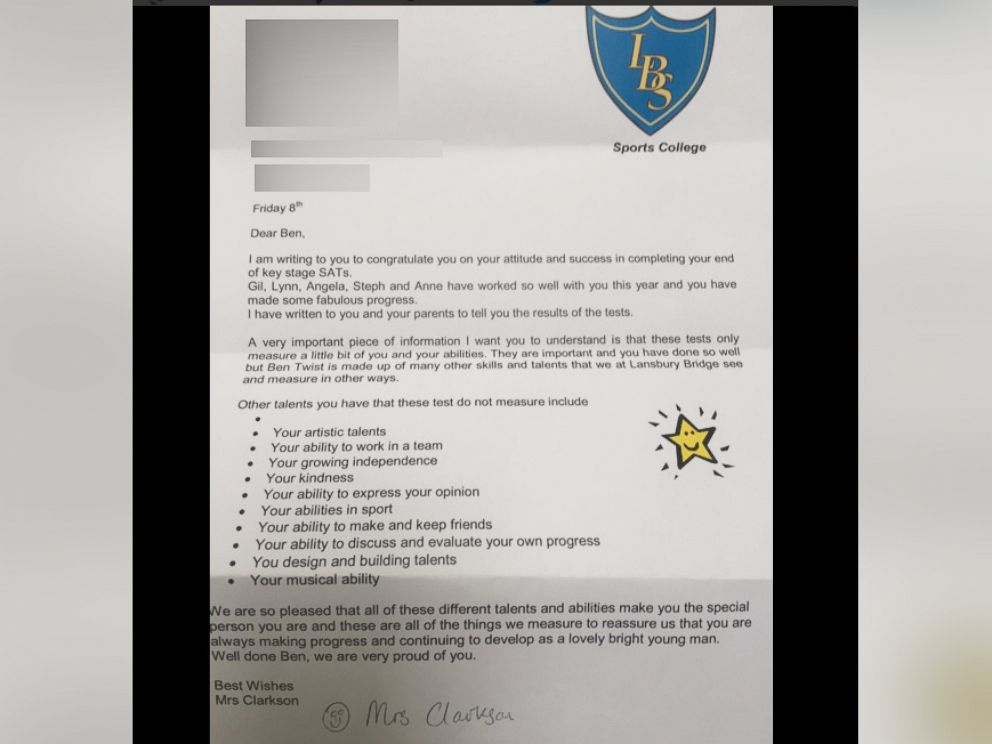 PHOTO: Ben Twist, 11, of St. Helens, United Kingdom, received a heartwarming letter on July 8 from his teacher Ruth Clarkson, which his mother Gail Twist shared on Twitter, July 9, 2016. 