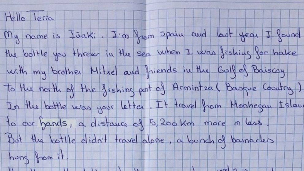 PHOTO: A Maine girl's message in a bottle was discovered by a fisherman in Spain two years later. 