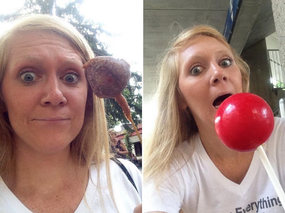 PHOTO: Mandy Colten eating fried brie and a candied apple.