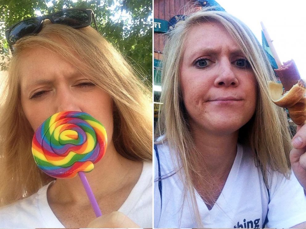 PHOTO: Mandy Colten eating a lollipop and a pretzel dog.