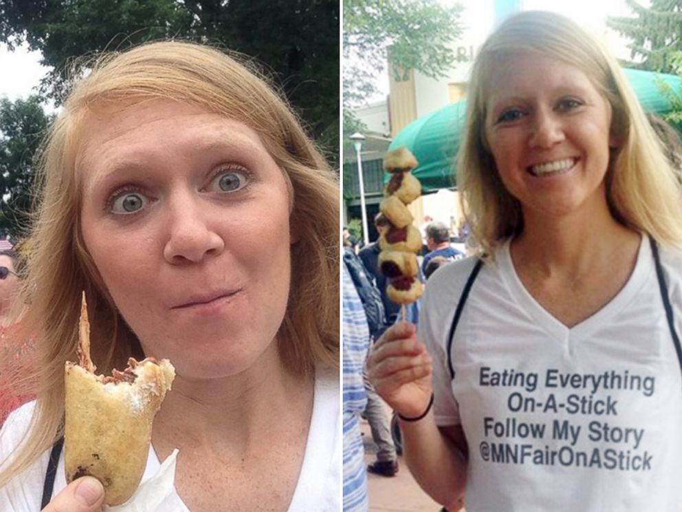 PHOTO: Mandy Colten eating fried Snickers and a sausage croissant.