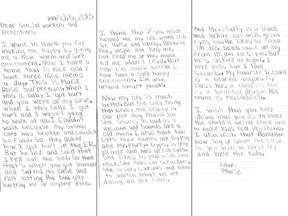 PHOTO: 8-year-old Marie Suprenant wrote an open letter to the social workers who helped her after she was abused as an infant.