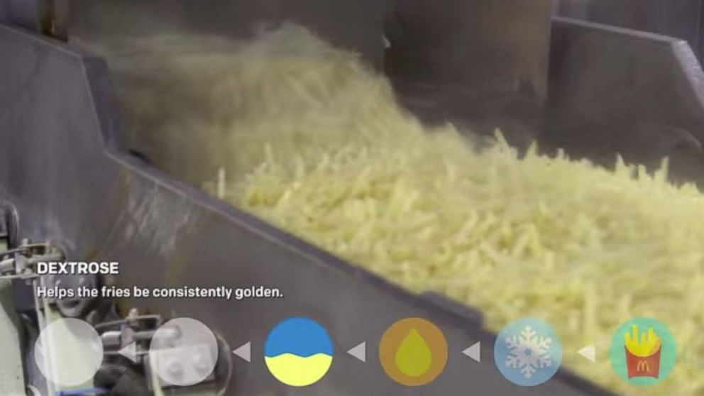 PHOTO: French fries are seen in an ingredient bath in this video released by McDonald's showing how their food is made. 