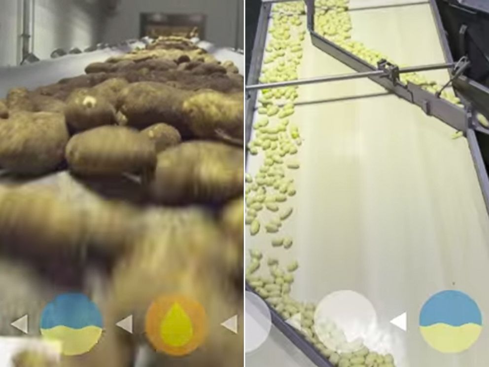 PHOTO: Potatoes arrive, left, and are peeled and cut, right, in this video released by McDonald's showing how their french fries are made. 