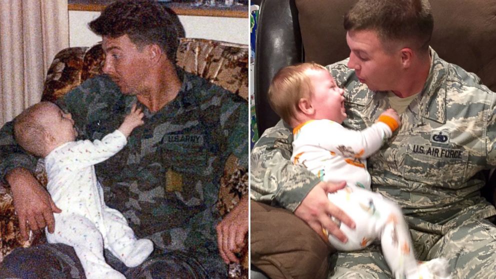 Air Force Staff Sergeant Dallas English recreated this photo with his 10-month-old son 30 years after his father took the original. 