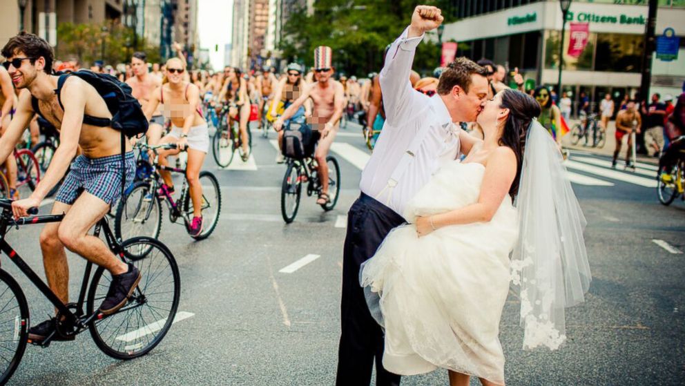 Philadelphia couple Blair Delson and Ross Cohen's wedding day coincided with the annual Philly Naked Bike Ride. 