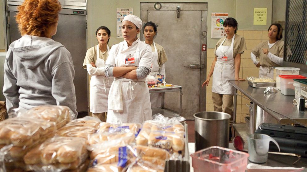From left, Kate Mulgrew, Diane Guerrero, Selenis Leyva, Jessica Pimentel, Jackie Cruz and Dascha Polanco are pictured in a scene from "Orange is the New Black," Season 2. 