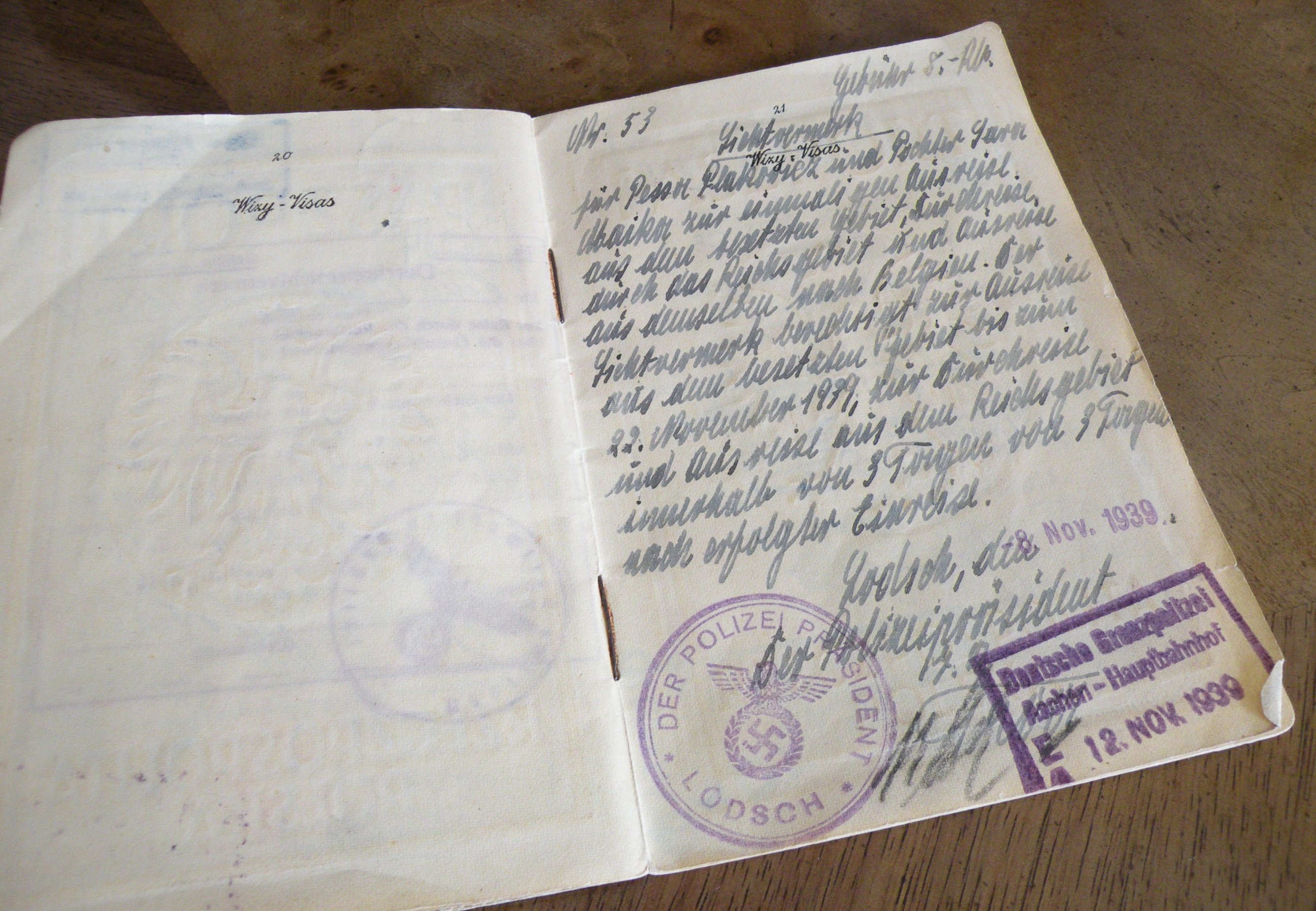 PHOTO: The page of Marks' passport where the Nazi officer authorized a trip out of Poland.