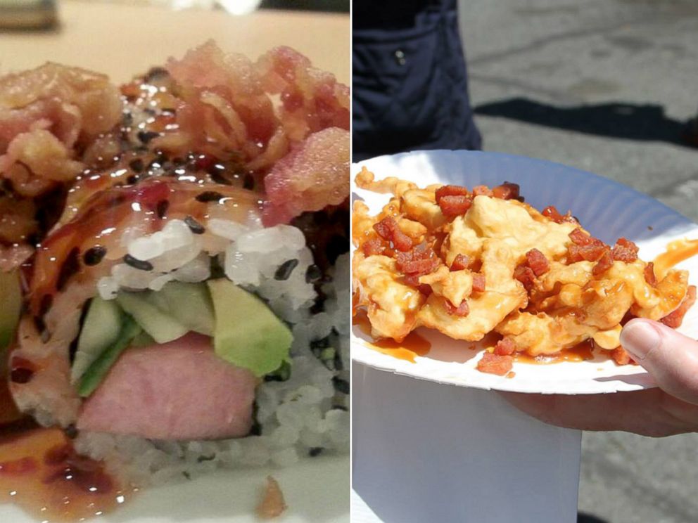 PHOTO: Porky roll sushi, left, and funnel cake pork roll, right, from the Trenton Pork Roll Festival.