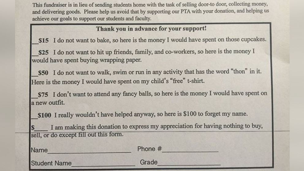 PHOTO: A PTA letter from a Texas middle school has gone viral for its unique take on fundraising.