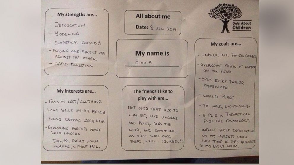 Dad's hilarious responses on day-care questionnaire as is he is his 11-month old daughter. 
