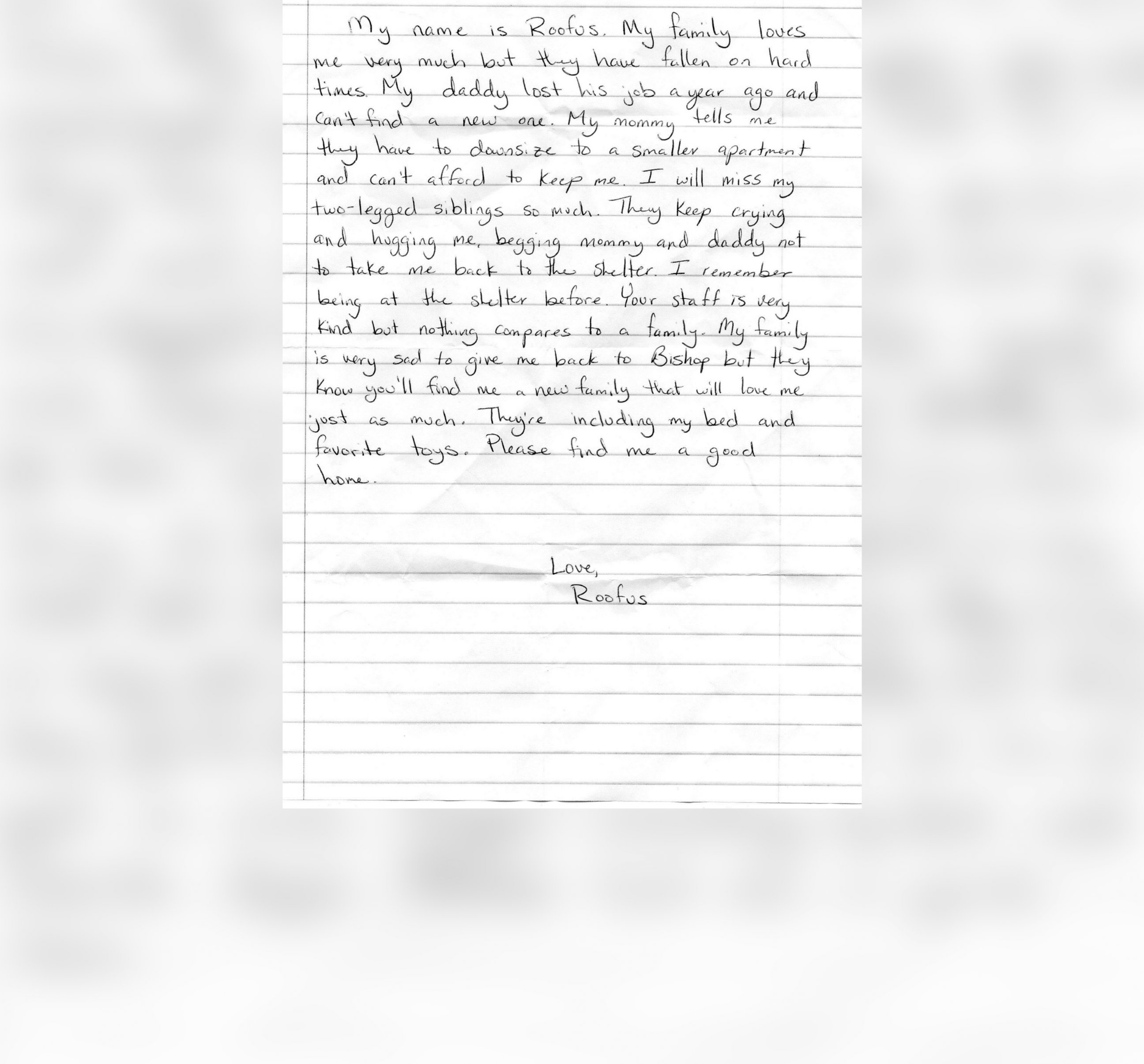 PHOTO: An undated letter left behind by a previous owner of a dog named Roofus is seen in a handout image from the Bishop Animal Shelter in Bradenton, Fla.