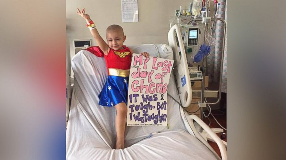 Sophia Sandoval, 3, marked the end of her chemotherapy treatment in a Wonder Woman costume.