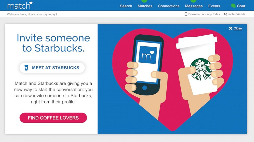 Inviting someone. Meet me at Starbucks. Match.com. Search Match. Matchmaking event Date.