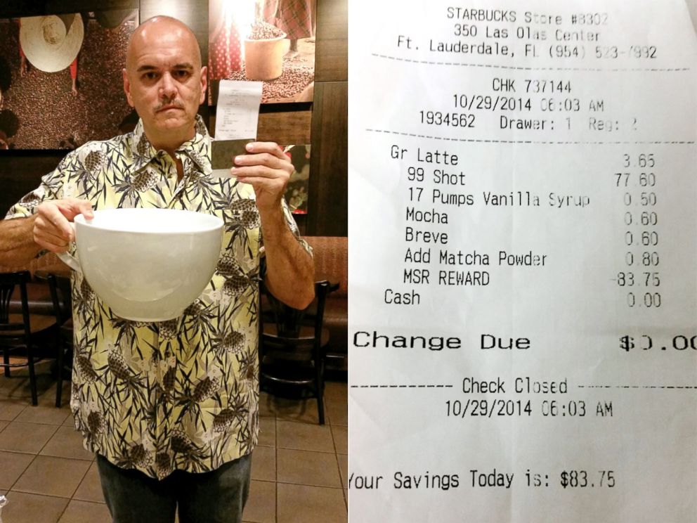 PHOTO: The $83.75 drink was free because of Starbucks' rewards program.